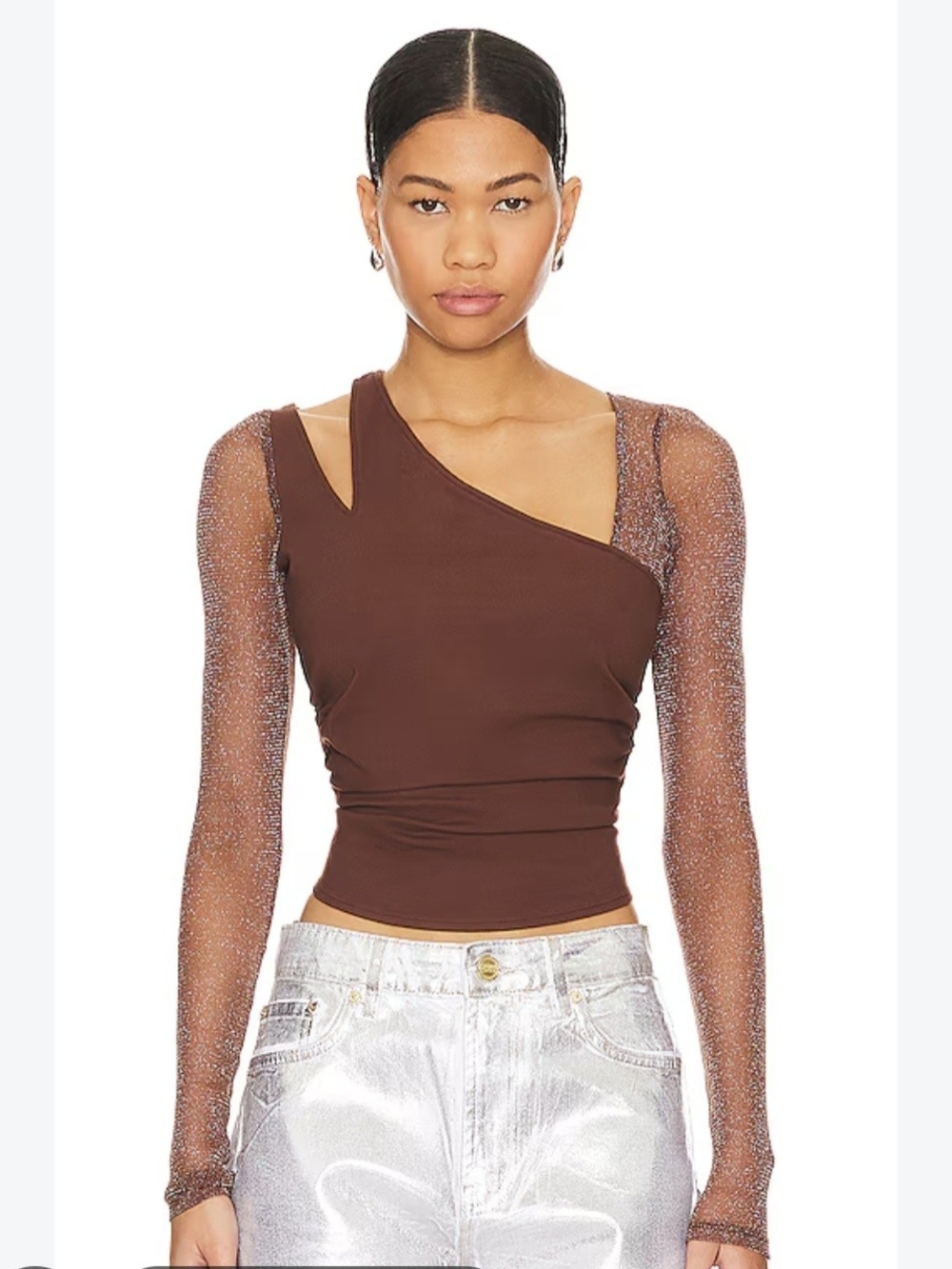 Free People Brown One-Shoulder Top with Sparkle Mesh Sleeves Size S